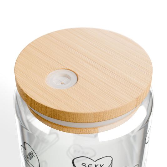 16oz LOVE NOTES Glass Cup with Bamboo Lid, Black Outline Edition