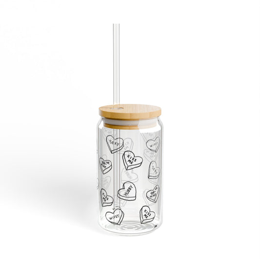16oz LOVE NOTES Glass Cup with Bamboo Lid, Black Outline Edition