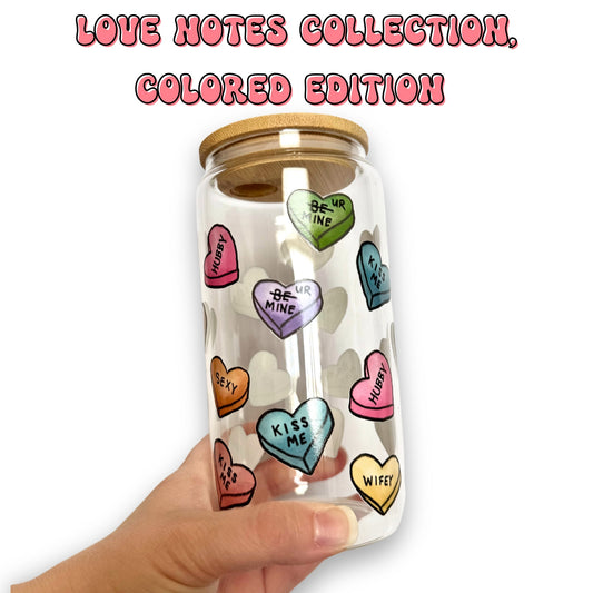 16oz LOVE NOTES Glass Cup with Bamboo Lid, Colored Edition